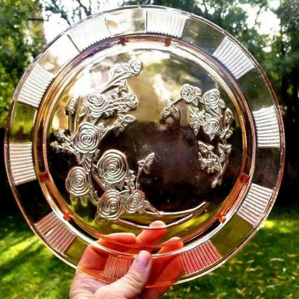 Pink Sharon Cabbage Rose 11½" Footed Cake Plate-Vintage Depression Glass